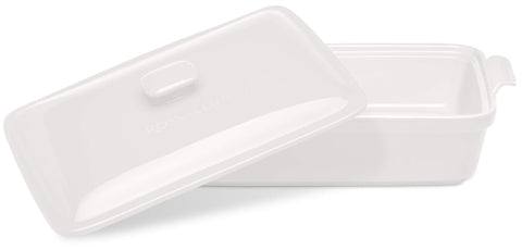 ROSSALLINI stoneware casserole dish open with lid, interior glaze eases cleaning