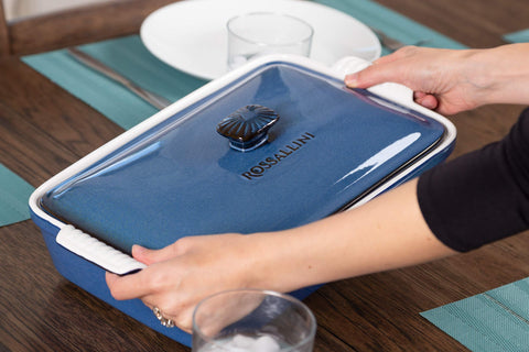 ROSSALLINI lid features a reverse-taper knob for secure grip in hot oven mitts.