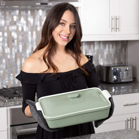 ROSSALLINI oven-to-table stoneware dish in Verde Sage ready for serving.