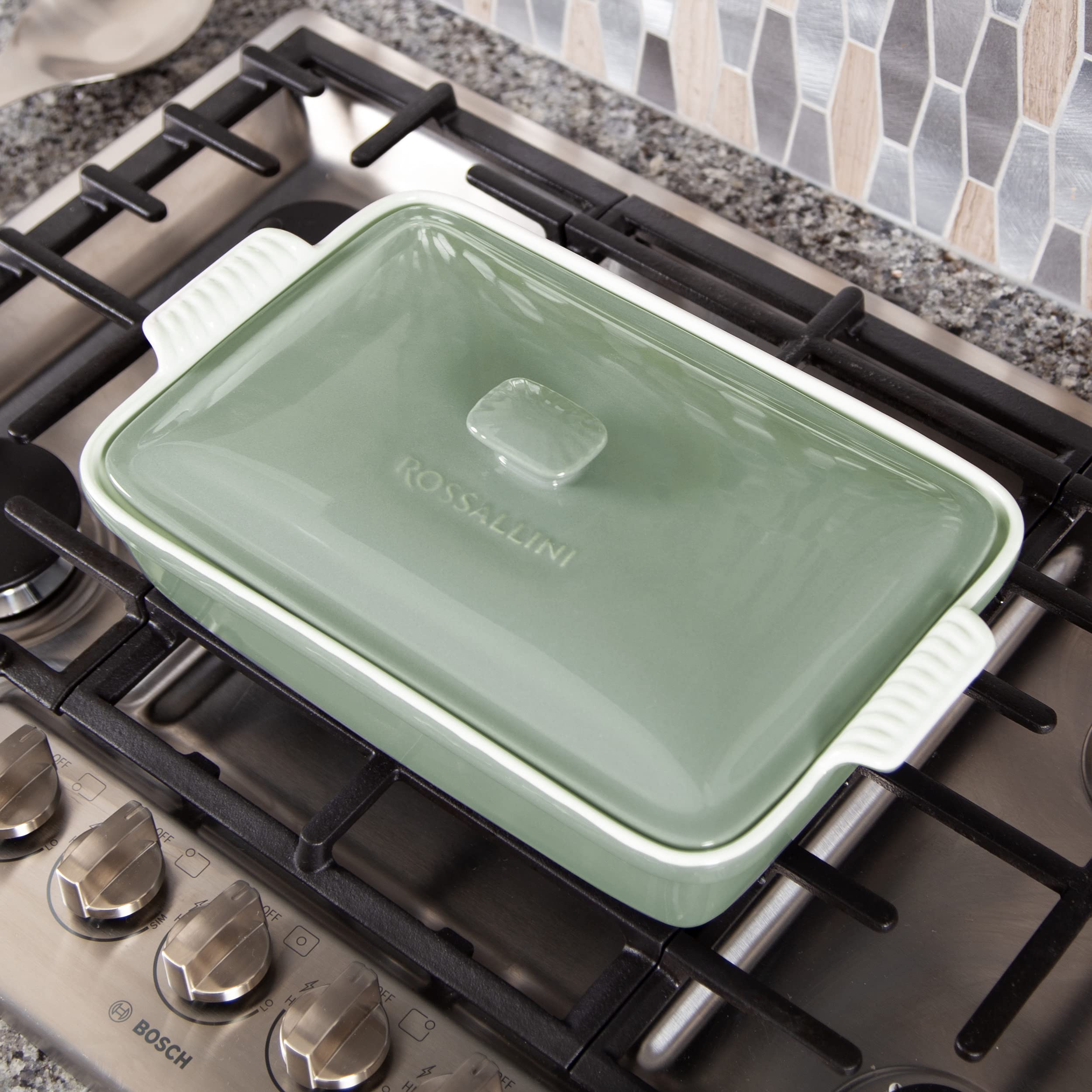 ROSSALLINI rectangular stoneware pan with scalloped handles in Verde Sage.