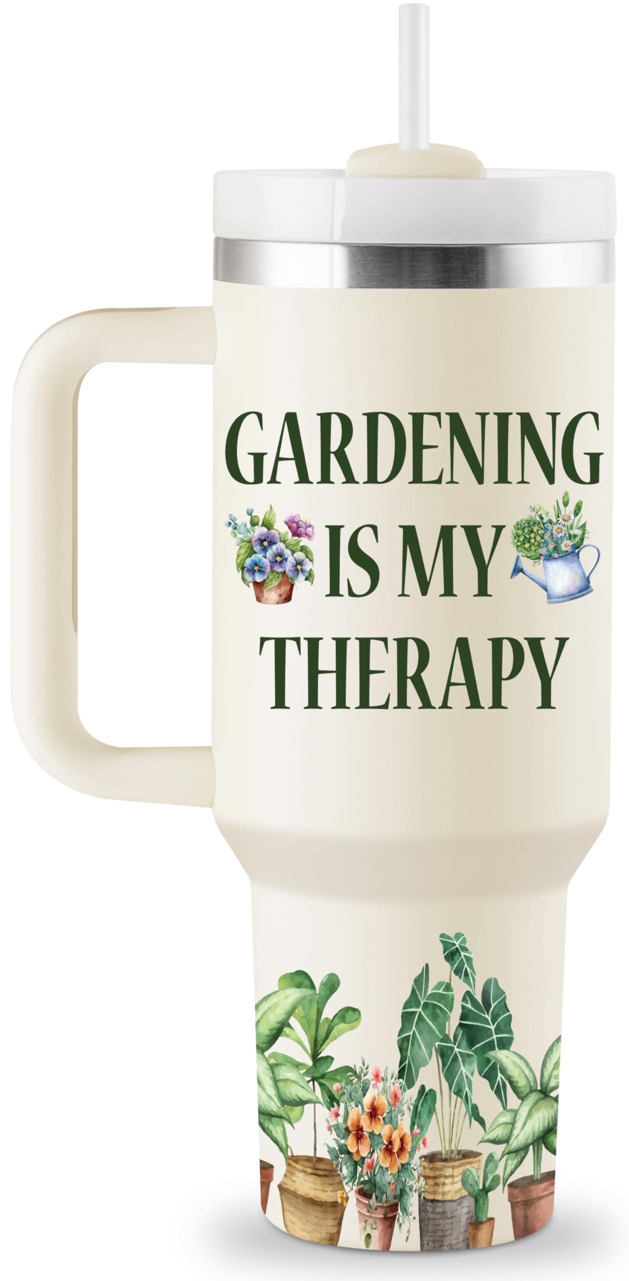ROSTANTEN 40oz tumbler with lid and straw keeps beverages cold during garden tasks.