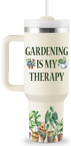 ROSTANTEN 40oz tumbler with lid and straw keeps beverages cold during garden tasks.