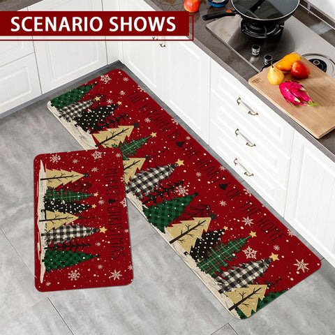 Roszwtit Christmas tree kitchen mat 17x47 with non-slip backing guards against slips.