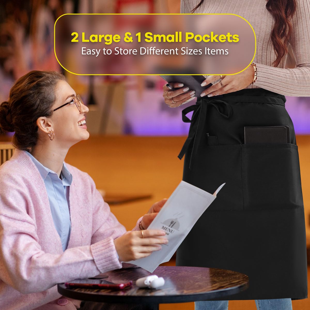 ROTANET three-pocket apron open showing utensil and notepad storage.