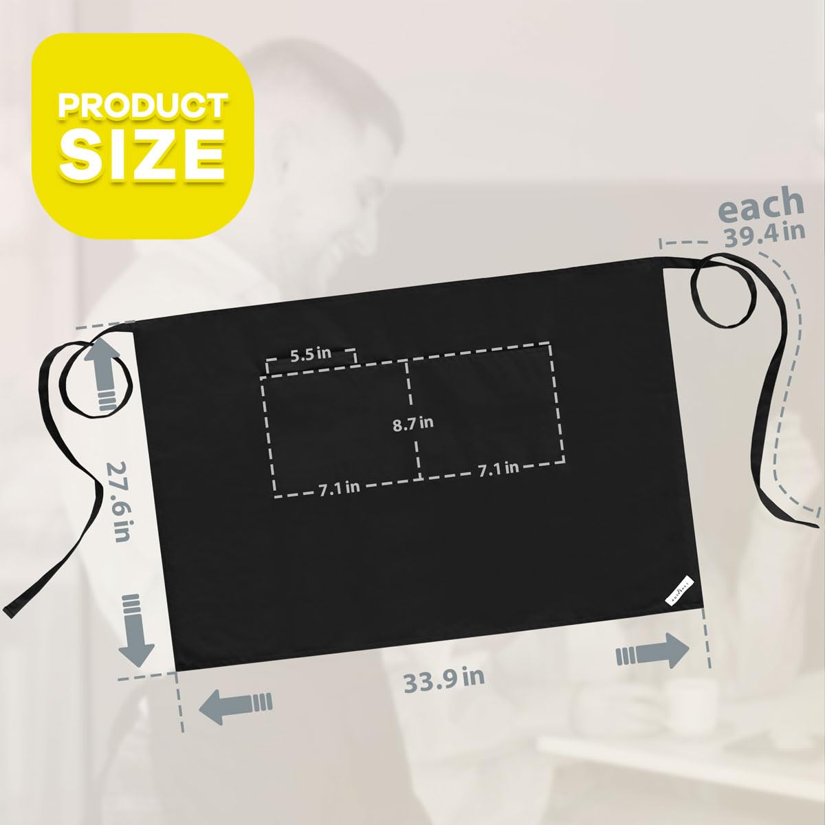 ROTANET black server apron side tie shows length and coverage.