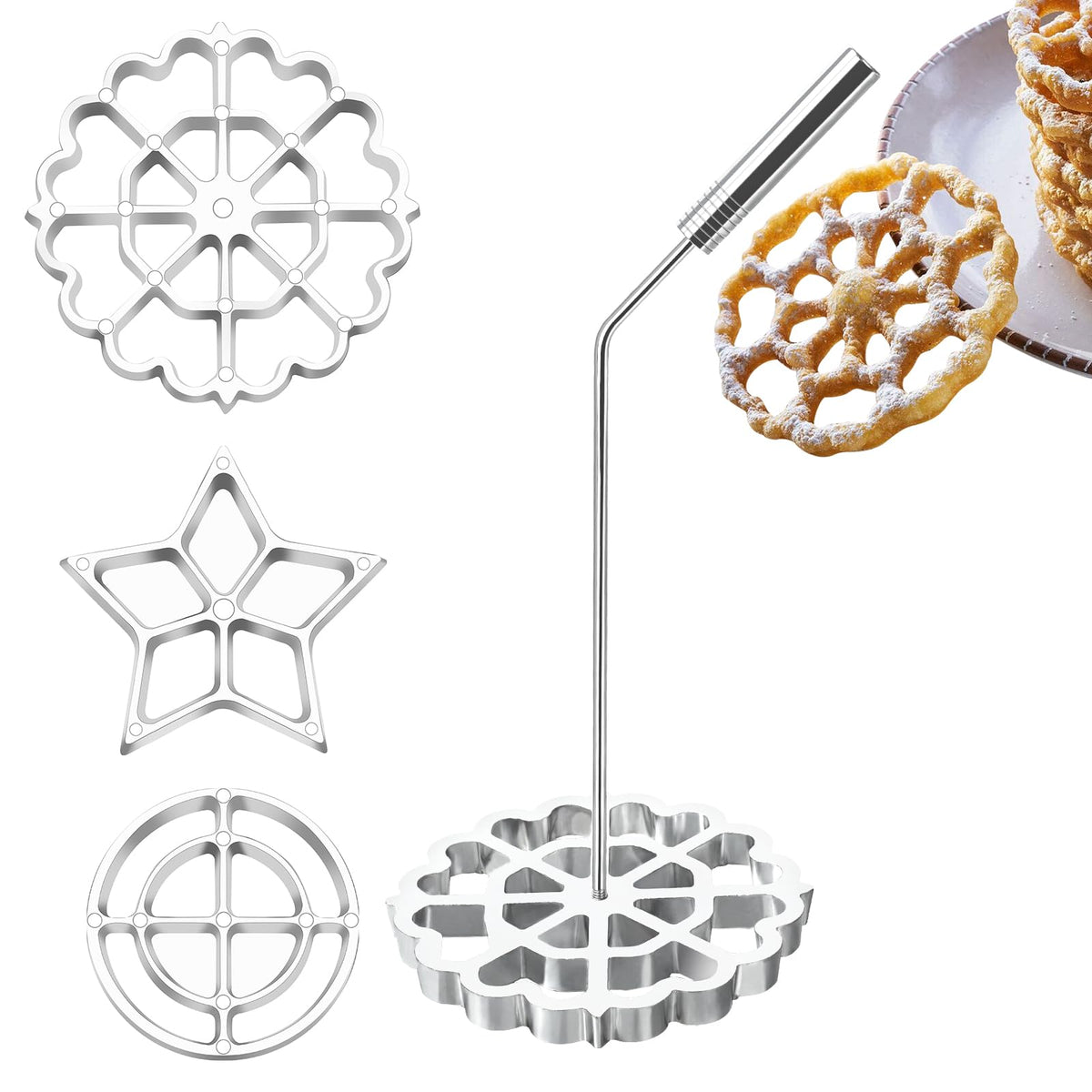 Rotel bunuelos mold with handle shown for easy rosette making.