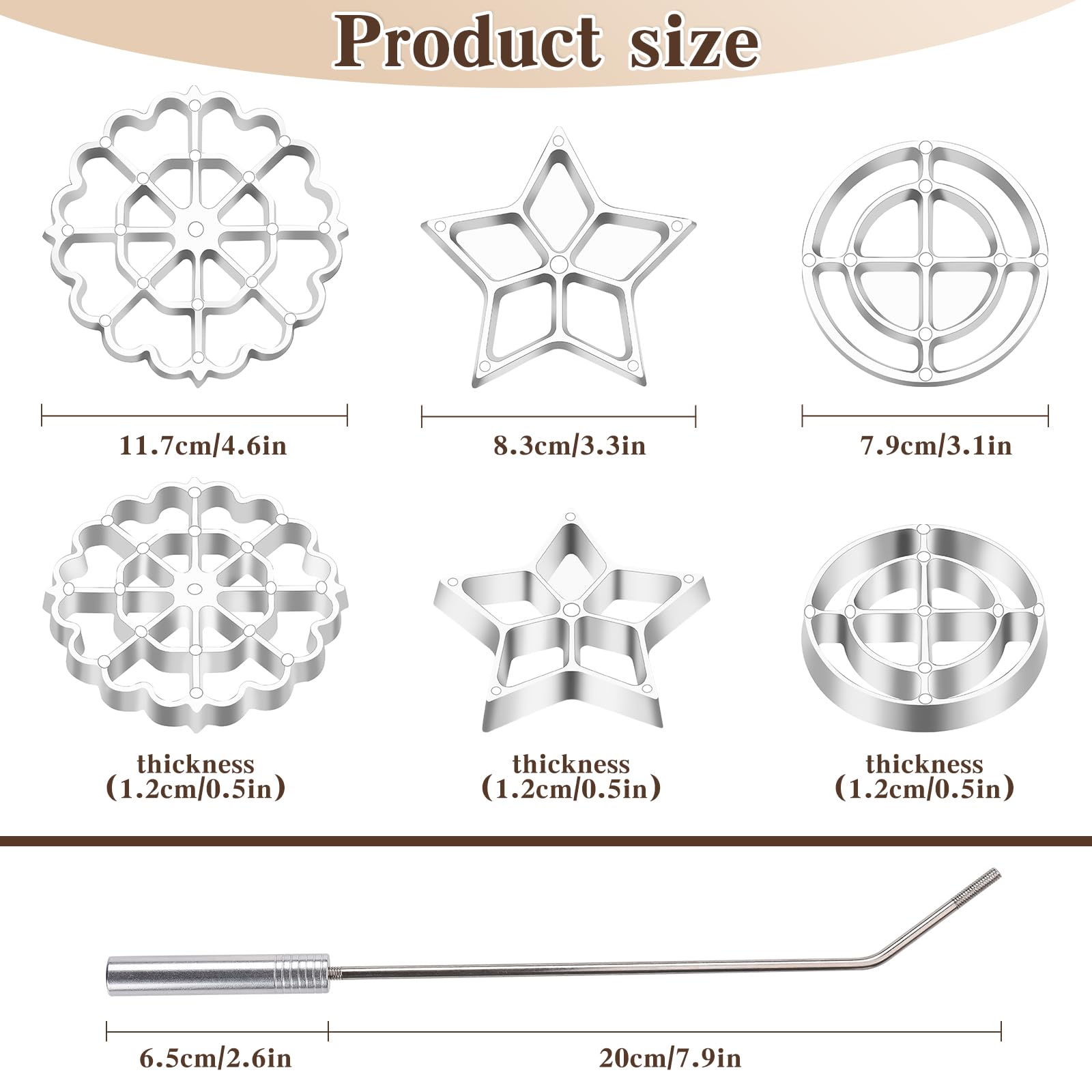Rotel rosette molds in star, flower, and circle shapes for decorative cookies.