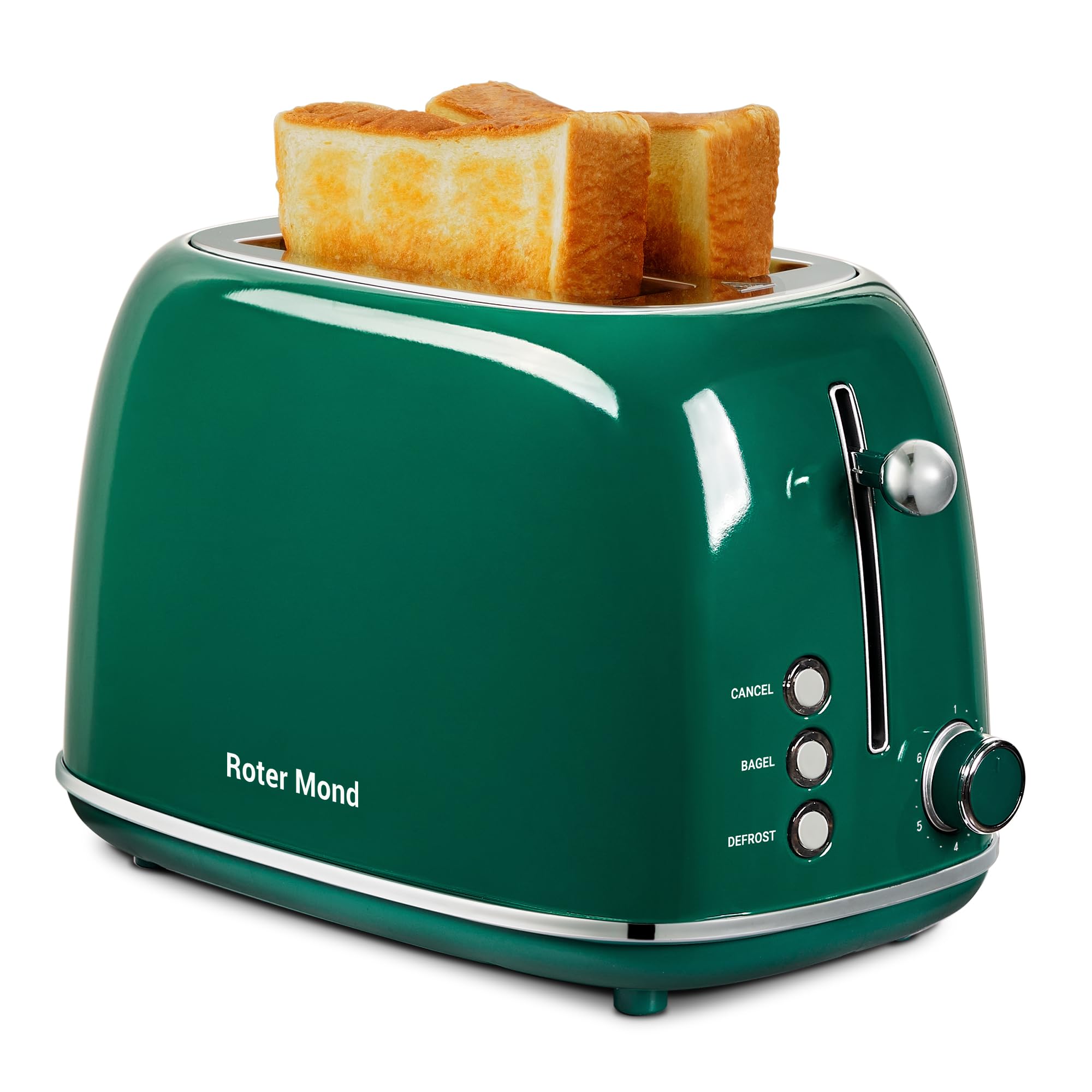 Roter Mond 2-slice toaster front view showcasing compact retro design and versatile slots.