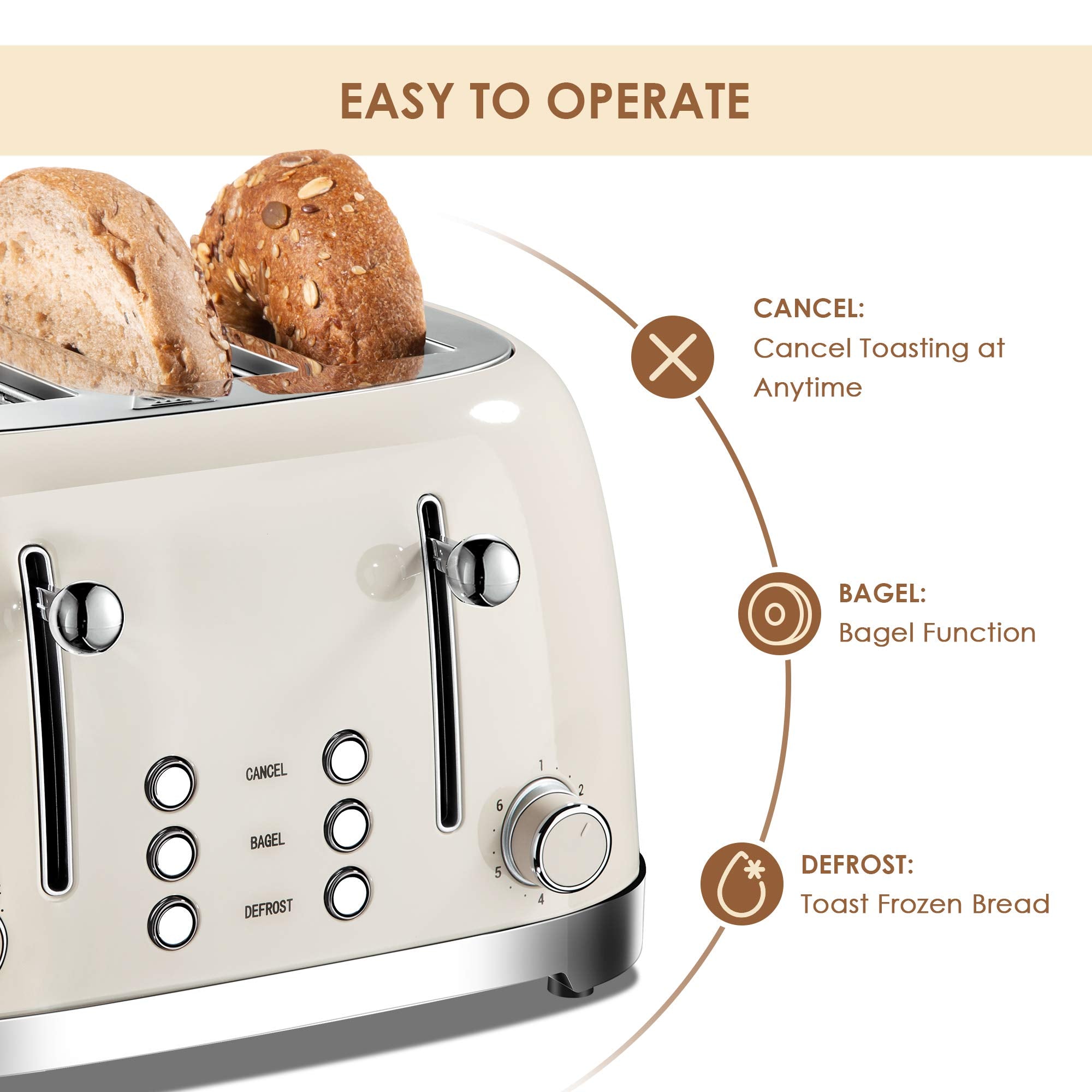 Roter Mond 4-slice toaster cream removable crumb tray demonstrates easy cleaning.