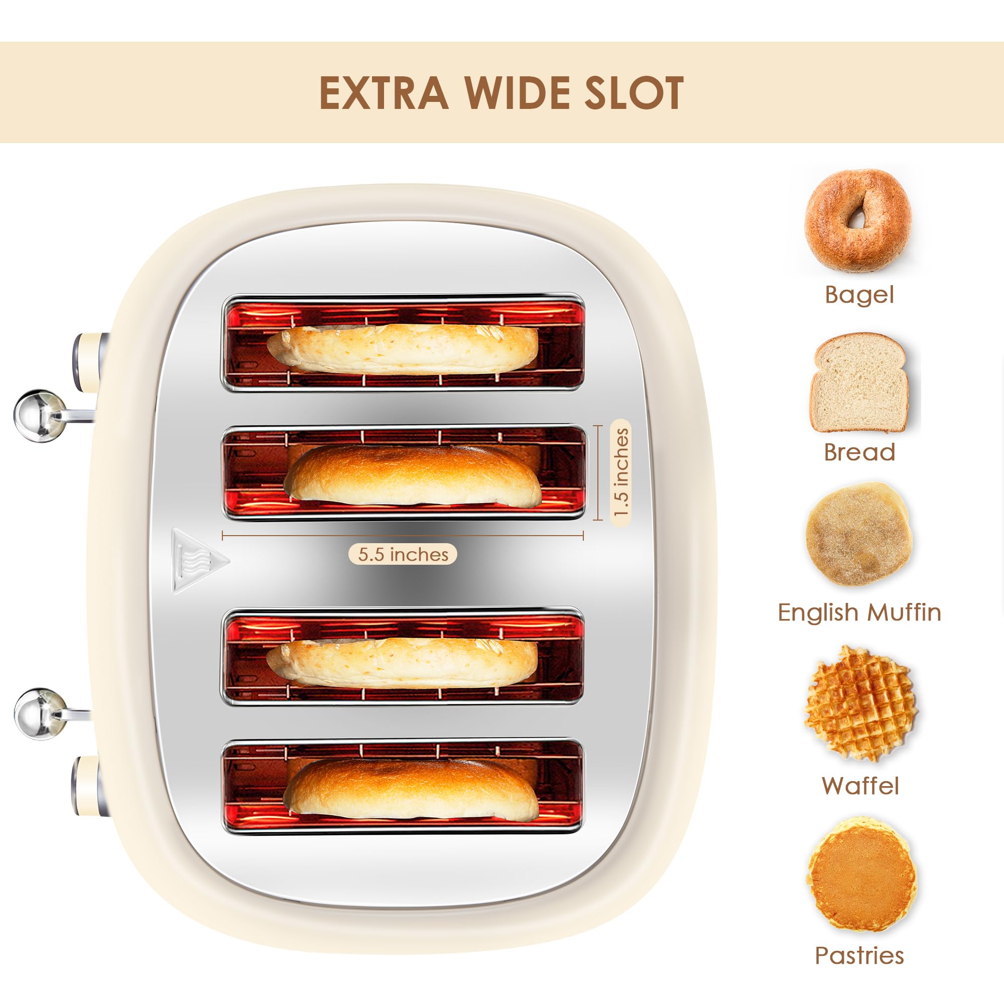 Roter Mond 4-slice toaster cream top view emphasizes spacious 1.5-inch slots for varied items.