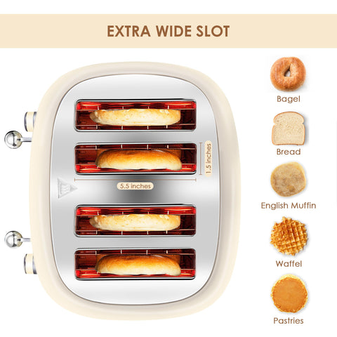 Roter Mond 4-slice toaster cream top view emphasizes spacious 1.5-inch slots for varied items.