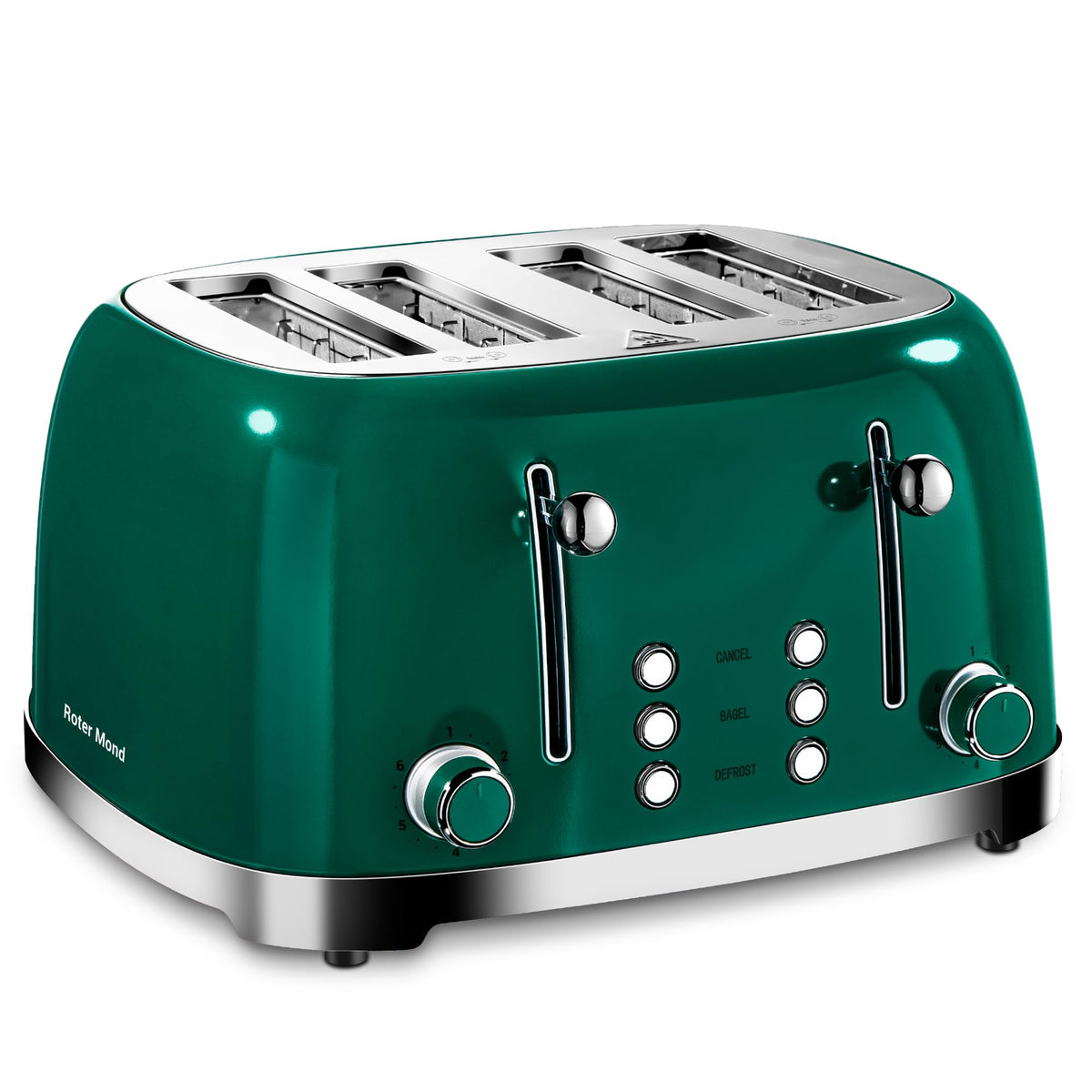 Roter Mond 4-slice toaster in green, front view shows extra-wide slots for bagels and muffins.