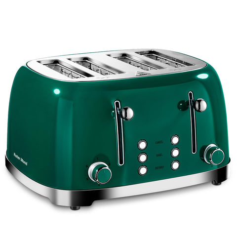 Roter Mond 4-slice toaster in green, front view shows extra-wide slots for bagels and muffins.