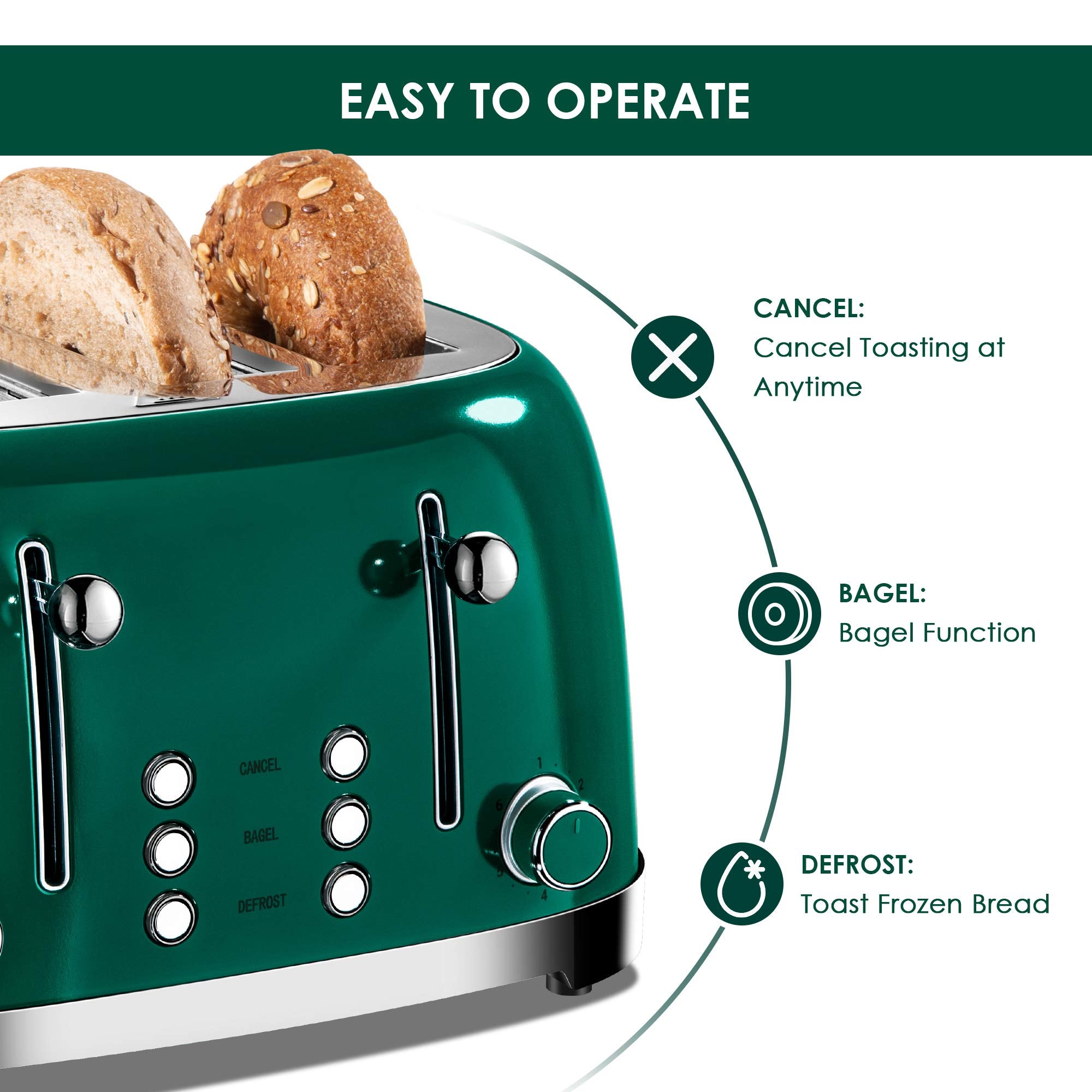 Roter Mond toaster green slots open, perfect for waffles or thick bread.
