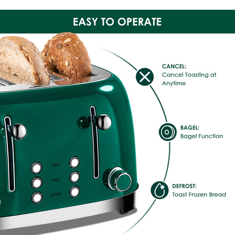 Roter Mond toaster green slots open, perfect for waffles or thick bread.