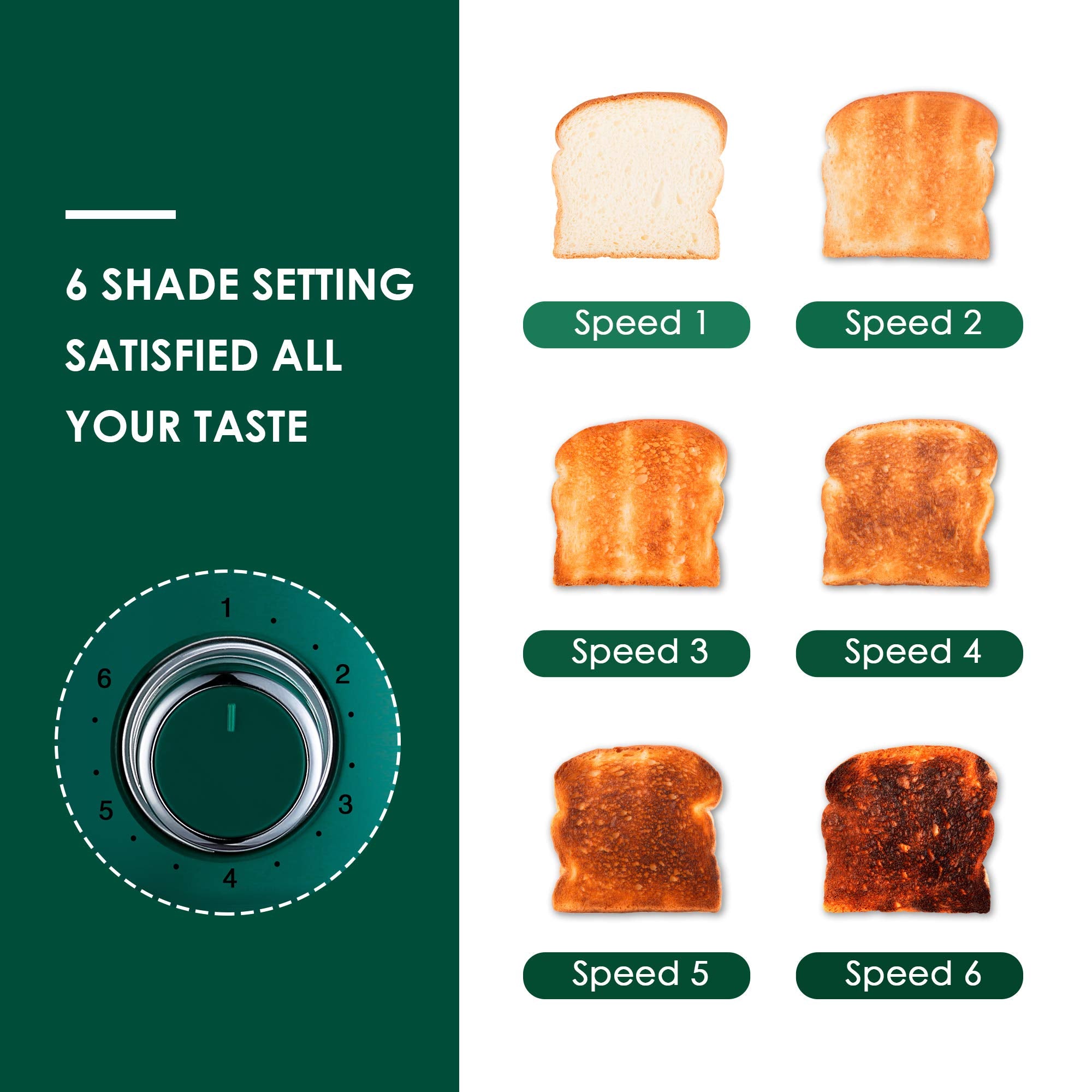 Roter Mond toaster green top view highlighting 6 browning settings for precise toast.