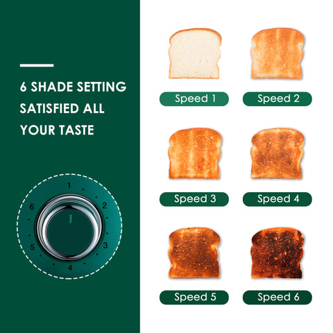 Roter Mond toaster green top view highlighting 6 browning settings for precise toast.
