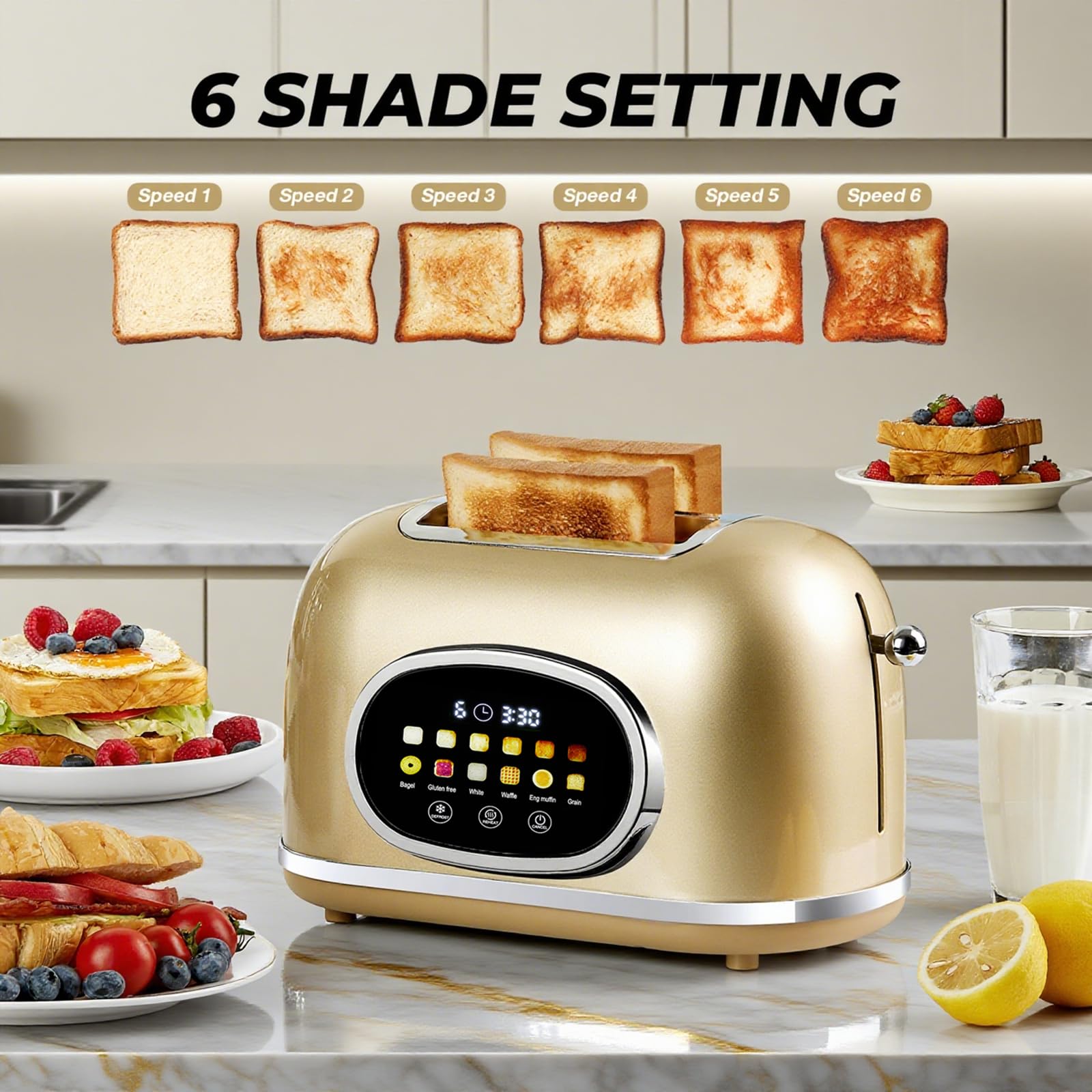 1.5-inch wide slots handle thick-cut or irregularly shaped bread