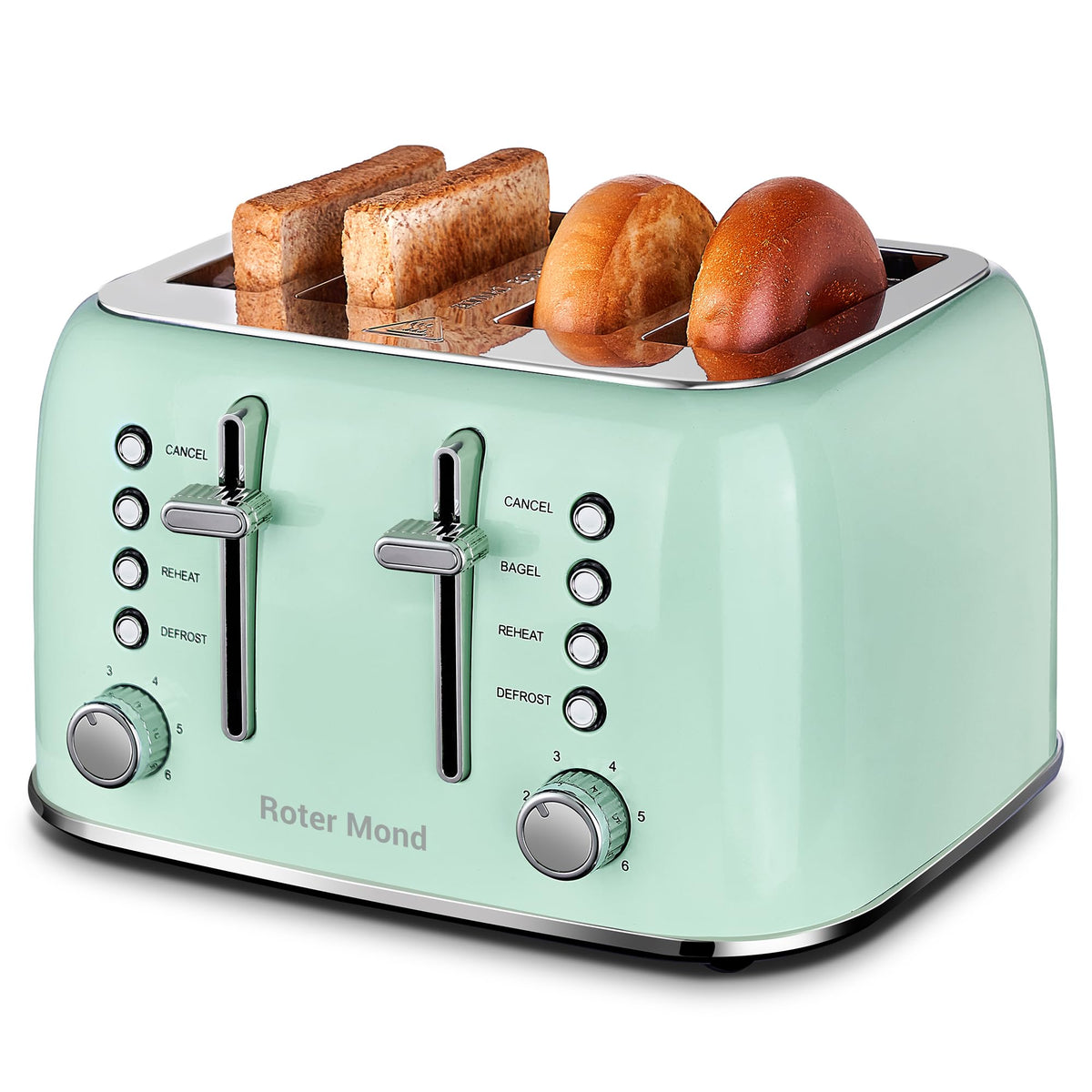 Roter Mond toaster front view in aqua green with retro charm and wide slots.