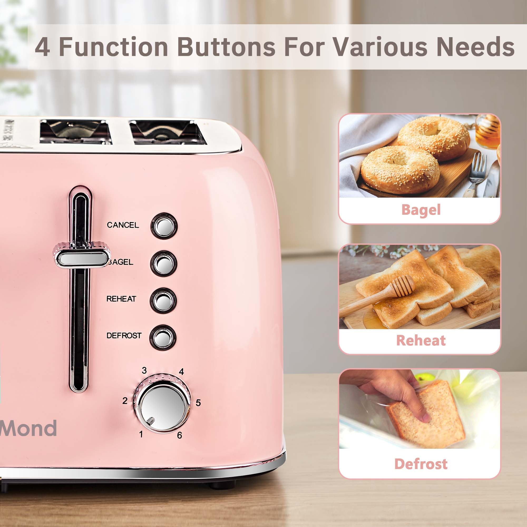 Roter Mond pink toaster with bagels illustrating bagel-ready slots