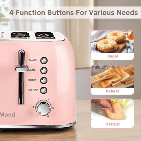 Roter Mond pink toaster with bagels illustrating bagel-ready slots