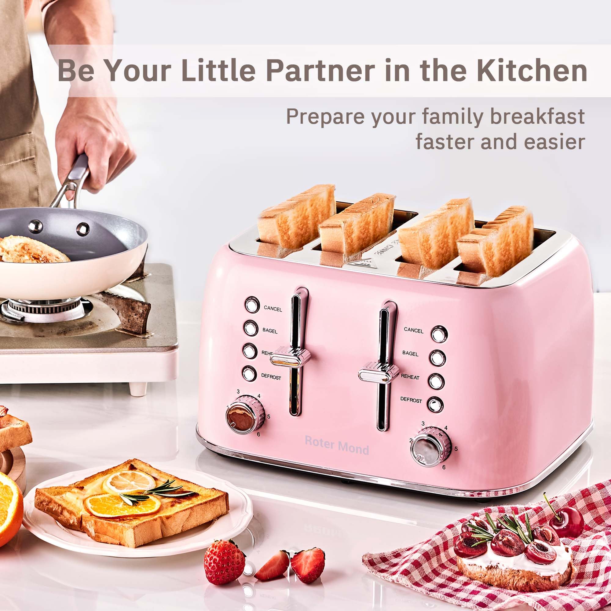 Roter Mond pink toaster removable crumb tray for easy cleaning