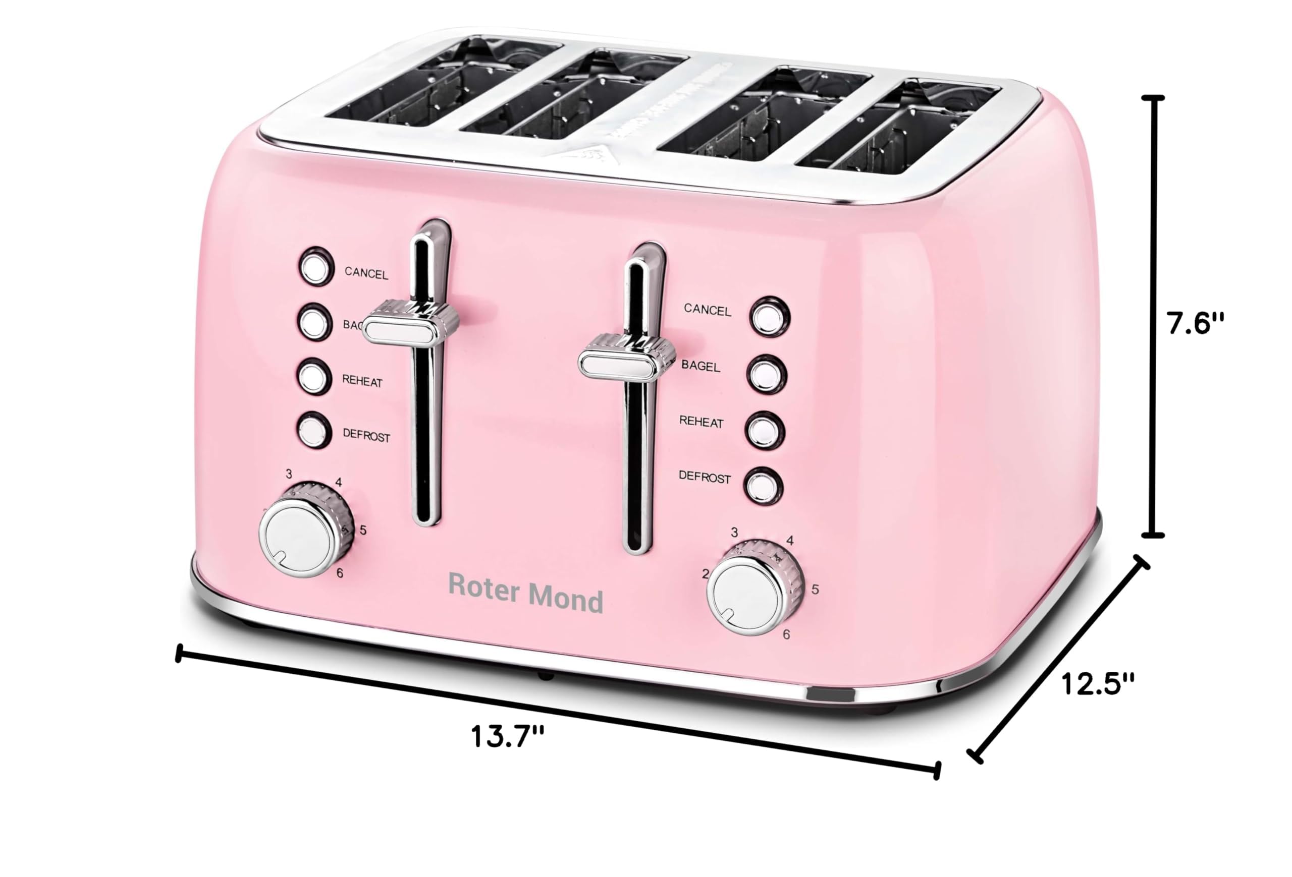 Roter Mond pink toaster demonstrating defrost and reheat functions