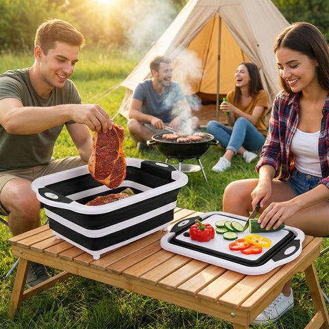 ROTTOGOON BBQ prep tub folded flat saves cabinet space on camping trips