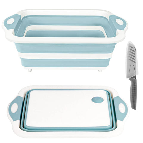 ROTTOGOON collapsible cutting board with colander for easy outdoor food prep.