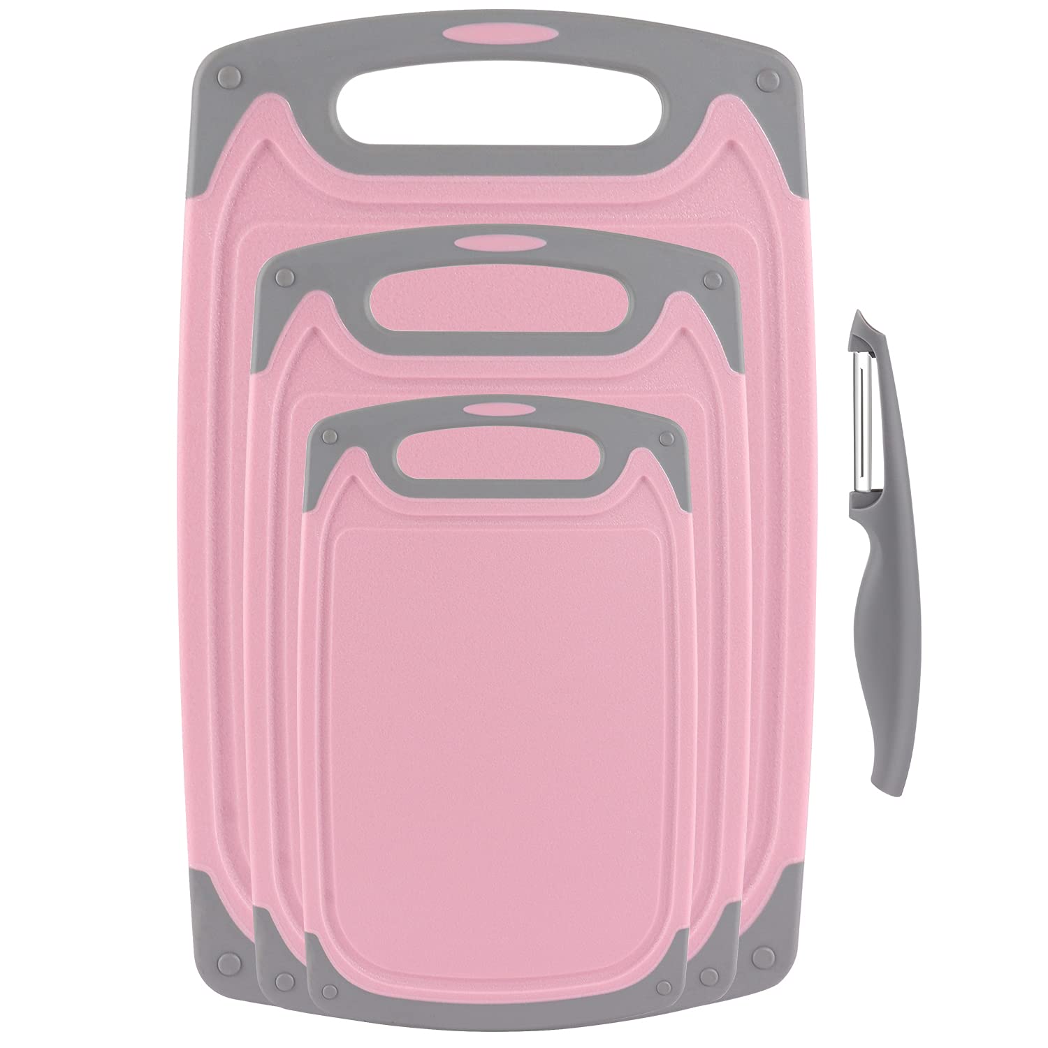 ROTTOGOON pink-gray cutting board set with non-slip feet for stable slicing.