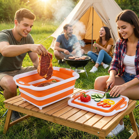 RottoGoon folding camping sink with colander ideal for on-site washing and prep.