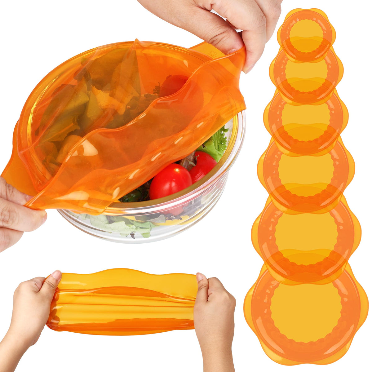 ROTTOGOON silicone stretch lids on round containers form an airtight seal for freshness