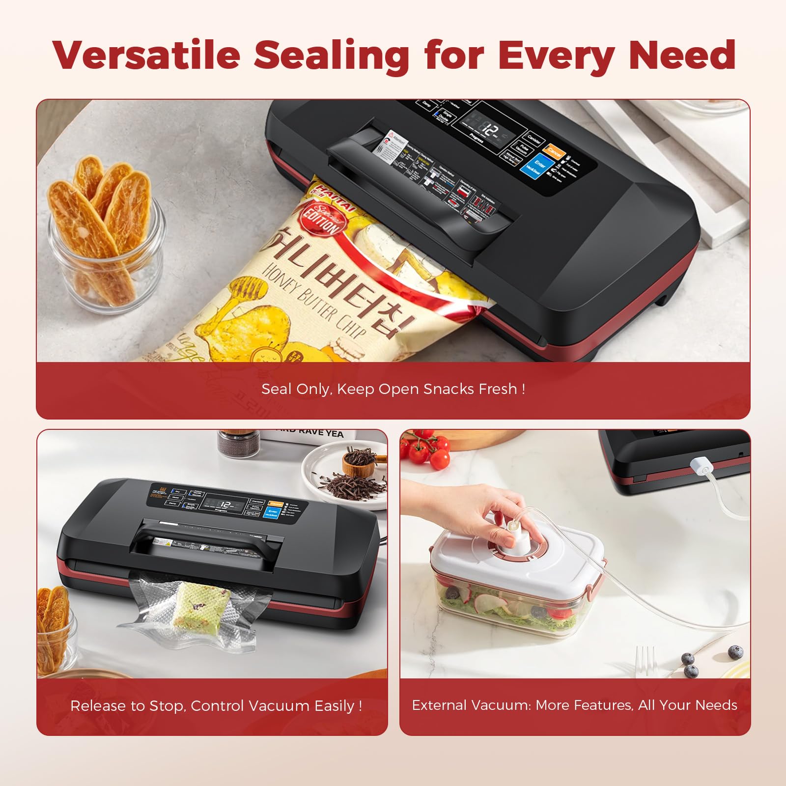 ROUUO 10-in-1 modes control panel offering versatile sealing options for various foods