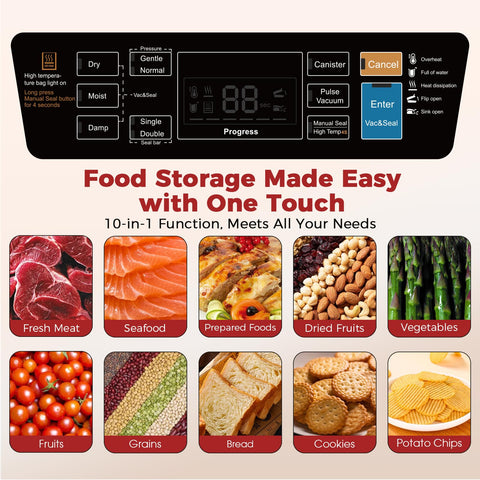 ROUUO 10-in-1 modes display for versatile sealing in dry, moist, and canister settings