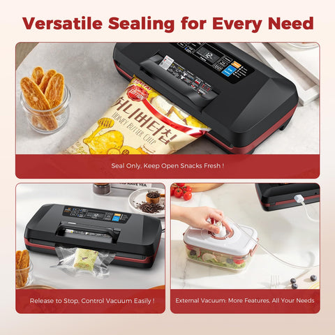 Double heat seal bar ensures durable closures for freezing and sous vide.