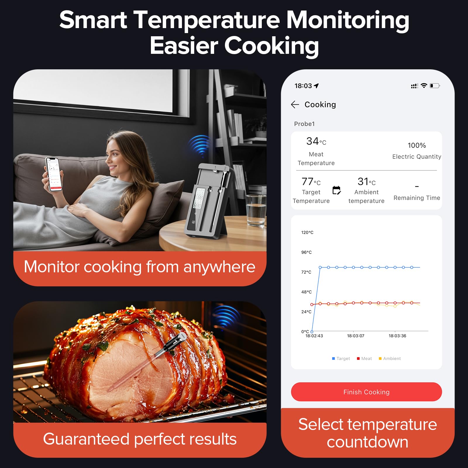 ROUUO dual probes in meat illustrating simultaneous monitoring of two dishes