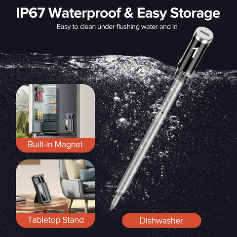 ROUUO IP67 waterproof probes ready for rugged cooking and dishwasher-safe cleanup