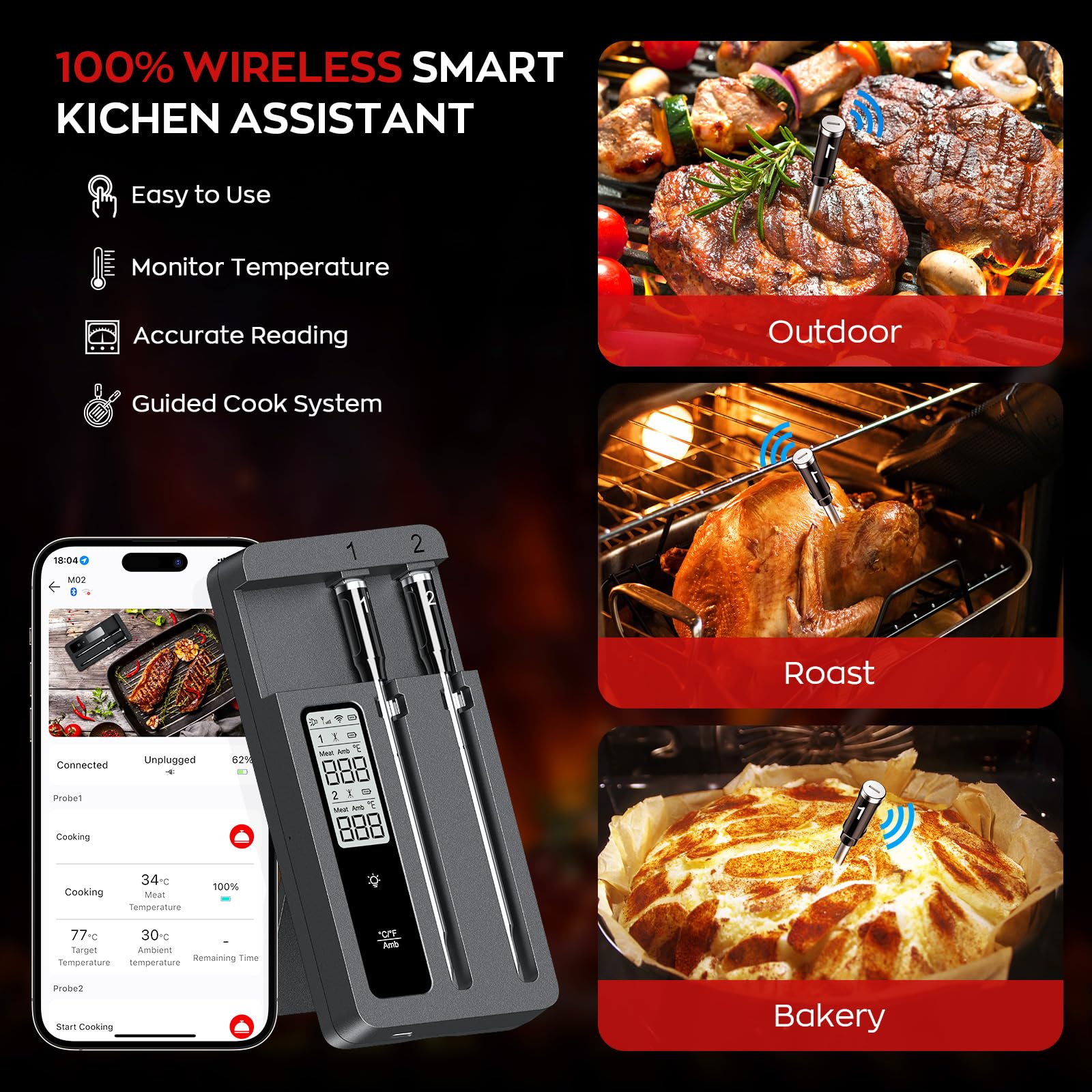 ROUUO thermometer 2000mAh battery supports long cooks with alerts.