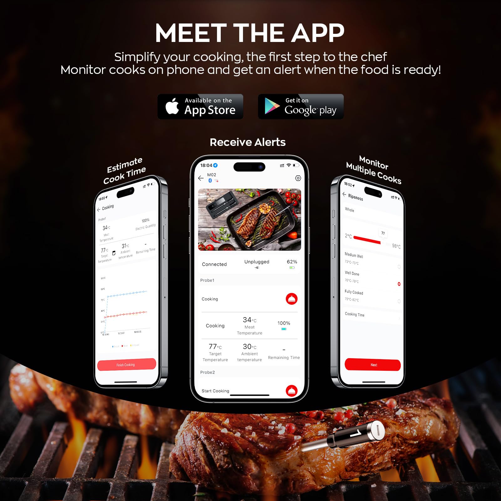 ROUUO app notifications keep you informed during grill sessions.