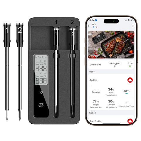 ROUUO Smart Meat Thermometer dual probes provide precise core and ambient temperature monitoring.