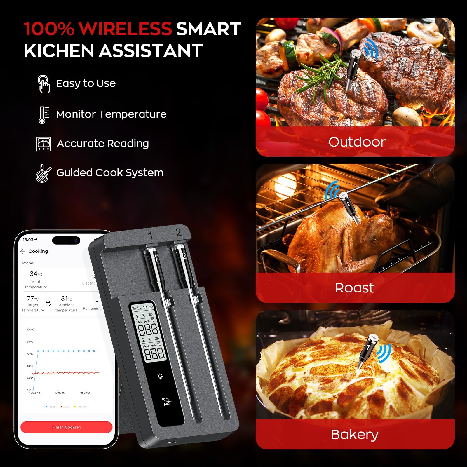 ROUUO dishwasher-safe probes image demonstrating effortless post-cook cleaning.