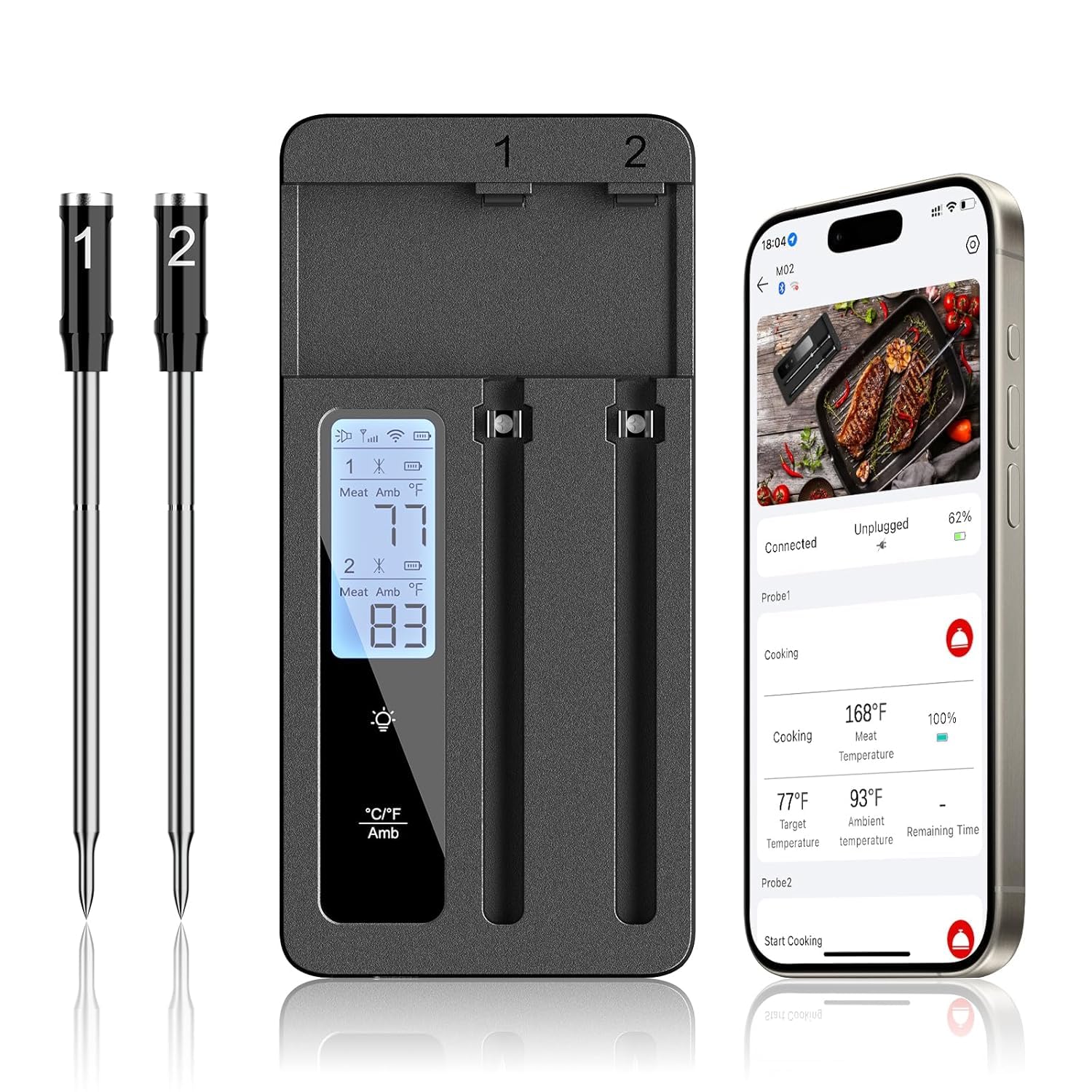 ROUUO smart wireless meat thermometer front view showing compact design for kitchen use