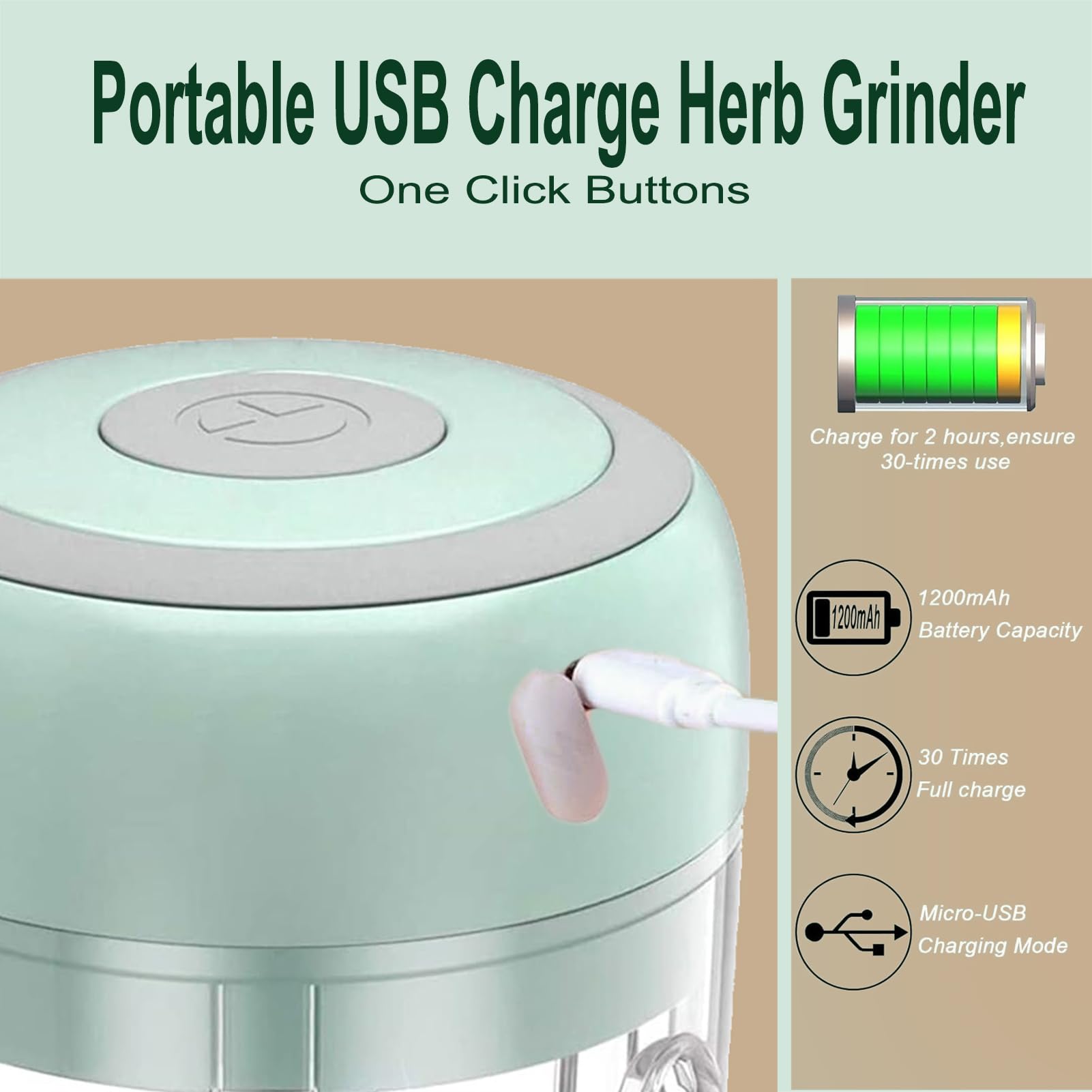 ROVIGO electric herb grinder USB charging enables cordless outdoor use.
