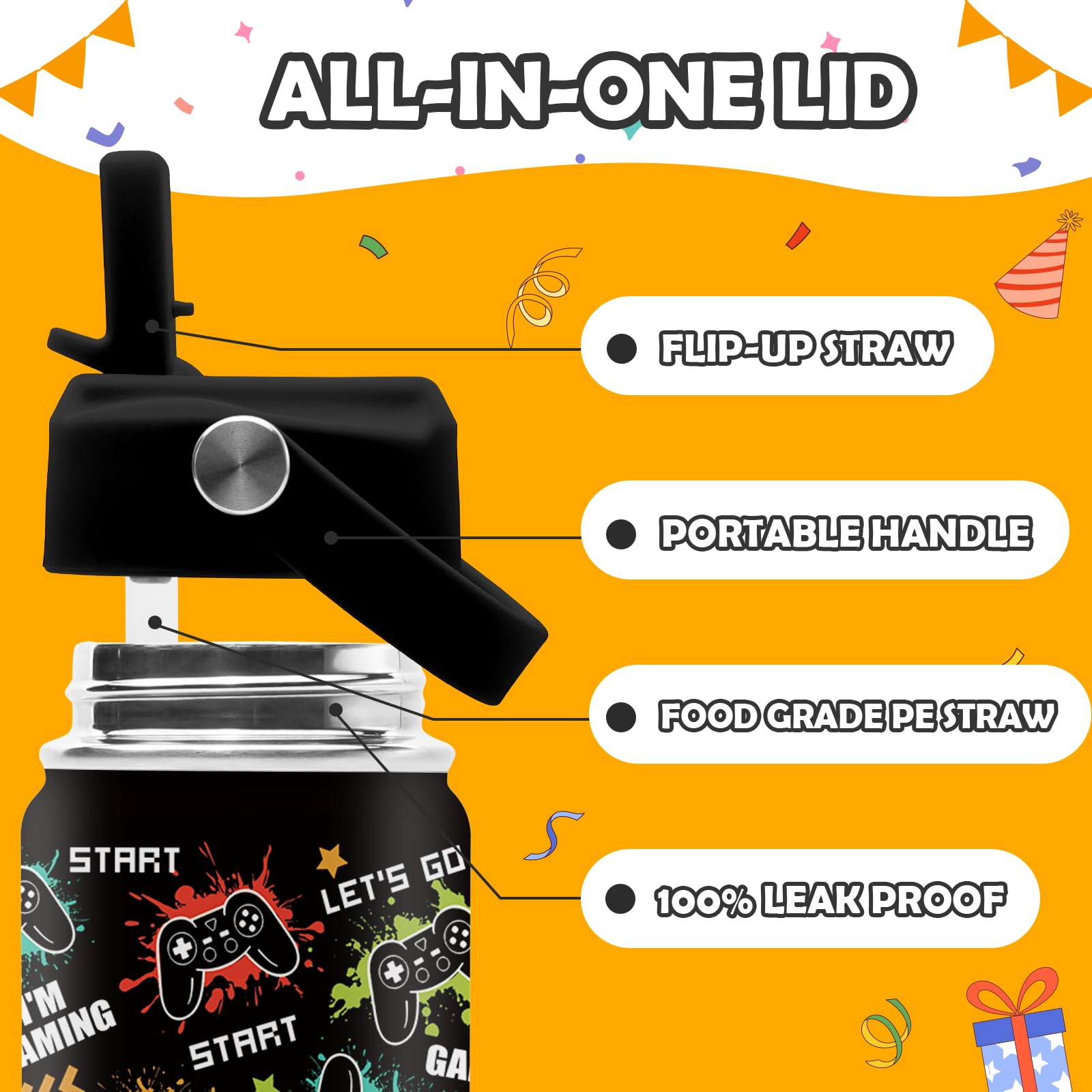 Colorful pixel art and game controllers appeal to young gamers.