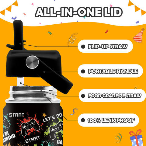 Colorful pixel art and game controllers appeal to young gamers.