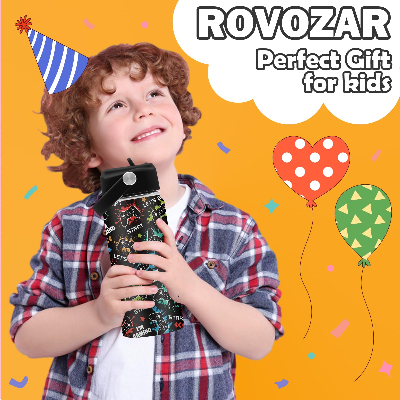 ROVOZAR bottle straw cap shown for easy sipping during activities.