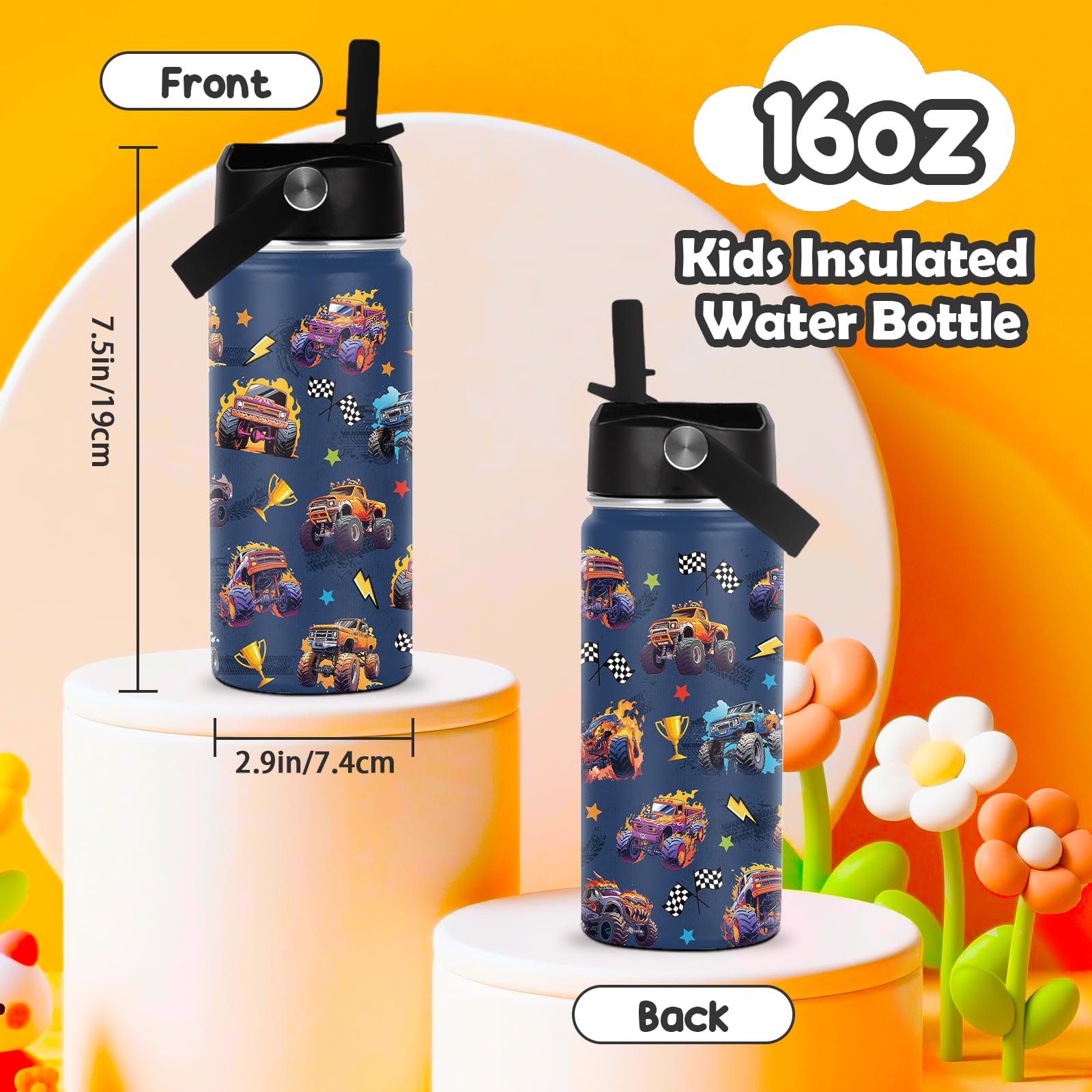 ROVOZAR Monster Truck Bottle blue background highlights bold truck design for kids.