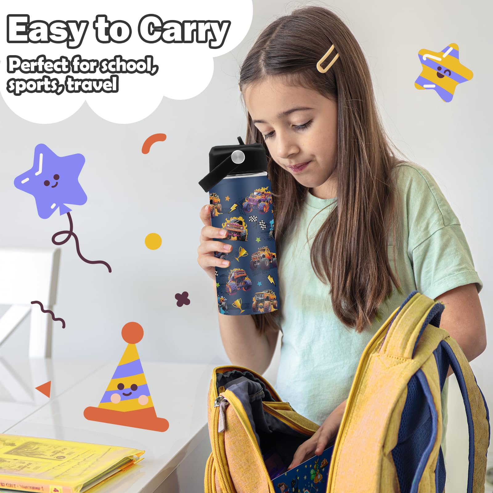 ROVOZAR Monster Truck Bottle BPA-free cap supports safe sipping for kids.