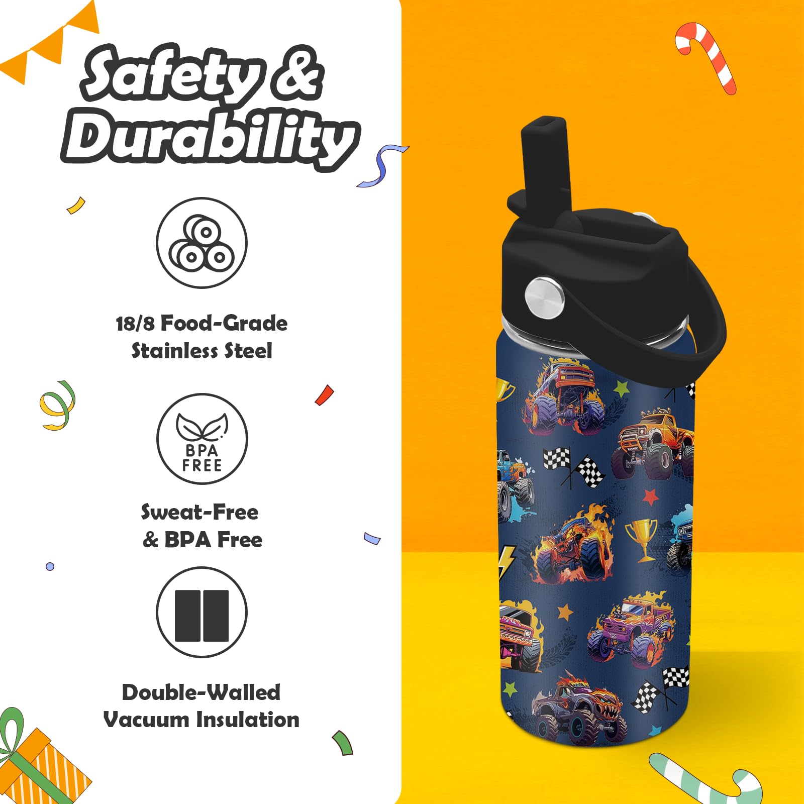 ROVOZAR Monster Truck Bottle kid-friendly with sturdy carry handle for small hands.