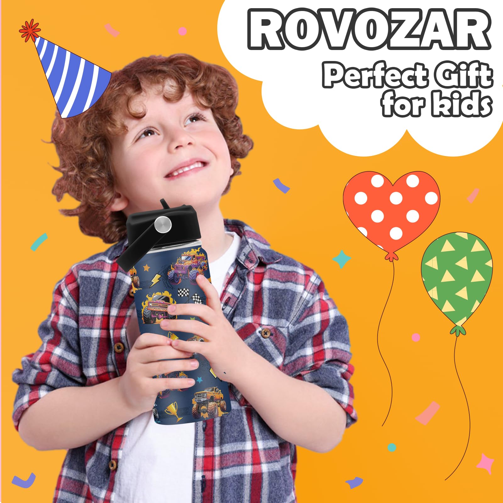 ROVOZAR Monster Truck Bottle stainless insulated body keeps drinks cold or hot for hours.